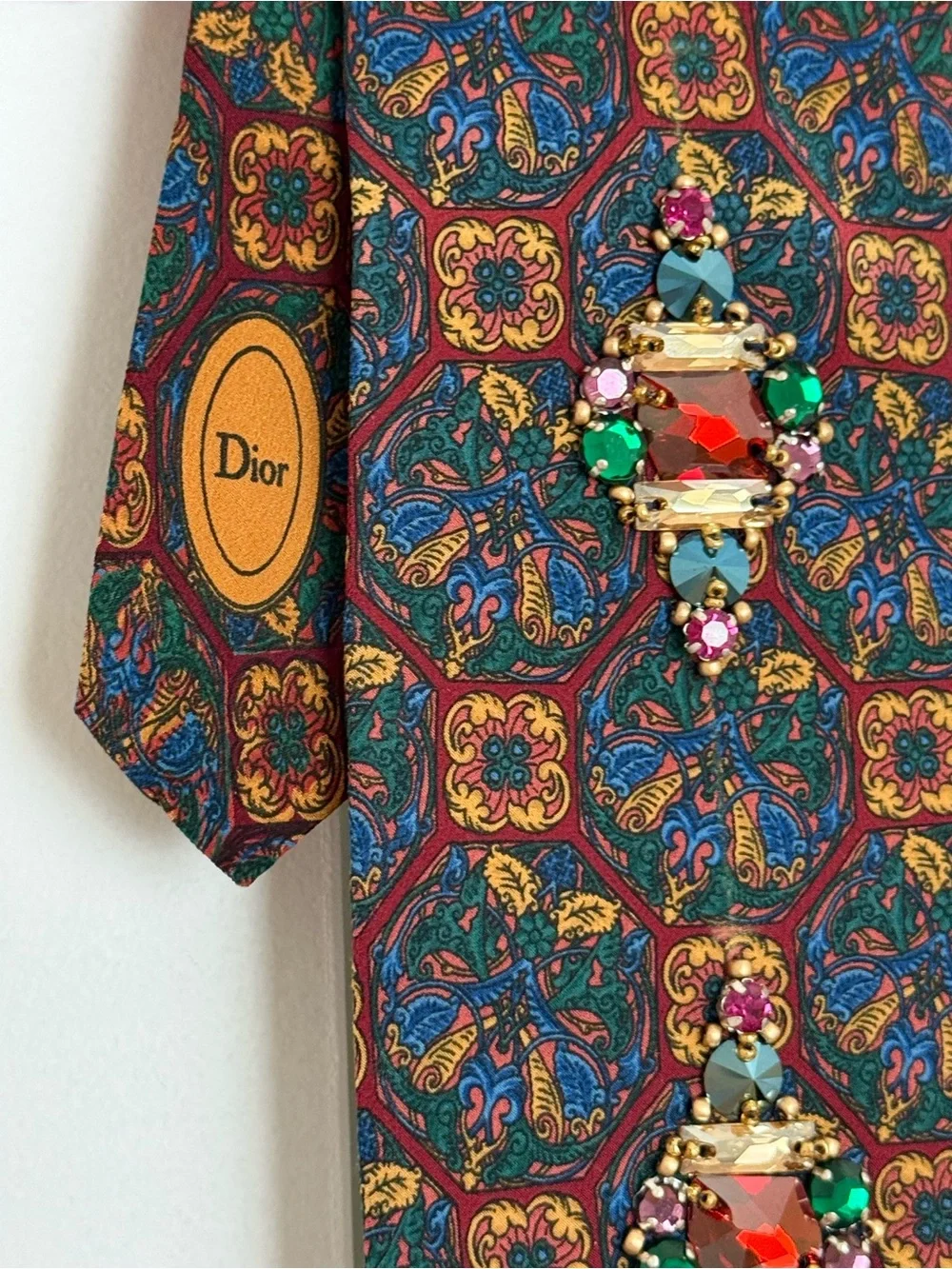 Dior Silk Tie with Multicolor Floral and Swarovski Crystal Embellishment